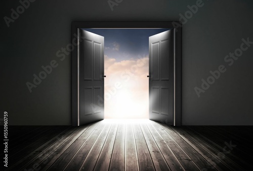 Digitally generated open doors in dark room