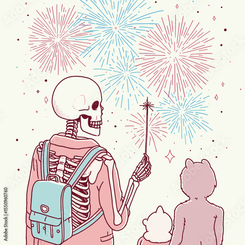 Skeleton watching fireworks 4th of July. Ghost Spooky Scary Halloween Cartoon Clipart Line Art Vector Illustration. Bony figure enjoys bursting color above on Independence celebration.