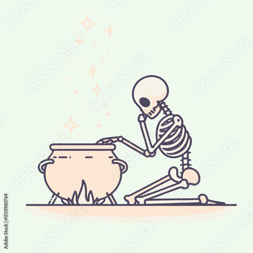 Skeleton with a cauldron. Ghost Spooky Scary Halloween Cartoon Clipart Line Art Vector Illustration. Bony figure near pot for cooking brew magic concept.