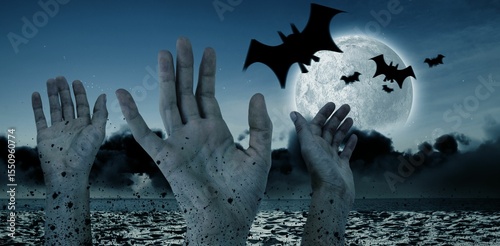 Digital image of bats flying over cropped hands