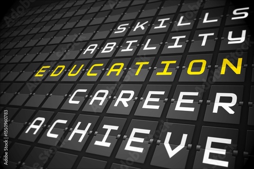 Education buzzwords on black mechanical board
