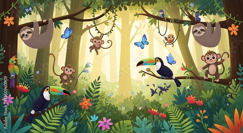 Jungle Animals Monkeys Sloths Toucans Birds