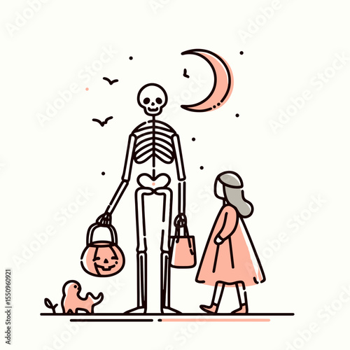 Skeleton trick or treating Halloween. Ghost Spooky Scary Halloween Cartoon Clipart Line Art Vector Illustration. Bony figure candy hunt autumn festivity fright night fun activity.