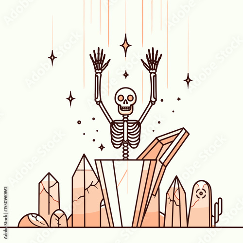 Skeleton popping out of a coffin. Ghost Spooky Scary Halloween Cartoon Clipart Line Art Vector Illustration. Bone figure emerging from burial box death theme frightening concept.