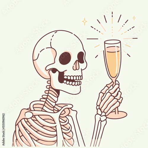 Skeleton raising a champagne glass New Year celebration party. Ghost Spooky Scary Halloween Cartoon Clipart Line Art Vector Illustration. Bony figure toast with bubbly holiday fun.
