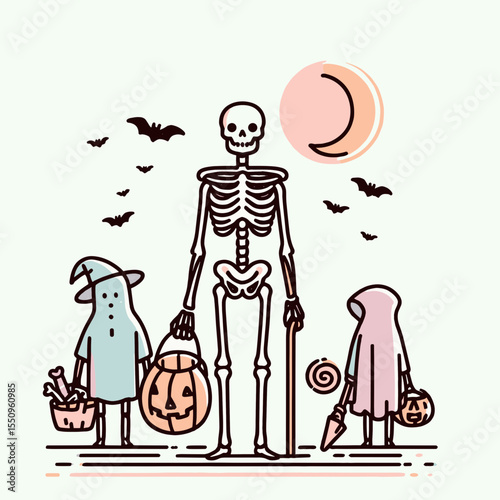 Skeleton trick or treating Halloween. Ghost Spooky Scary Halloween Cartoon Clipart Line Art Vector Illustration. Bony figure costume candy collecting autumn holiday fun fright night.