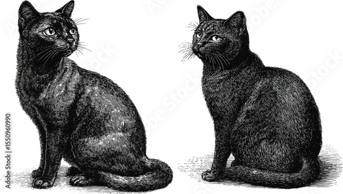 Sitting Black Cats in Vintage Engraved Style,Generative Ai