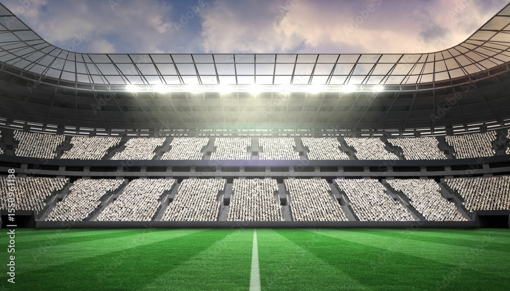 Obraz premium Empty soccer stadium in flat design is featuring green pitch under arched roof with floodlights