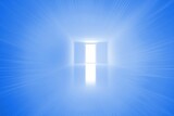 Presenting minimalistic tunnel in blue gradient, showcasing glowing doorway radiating light streaks