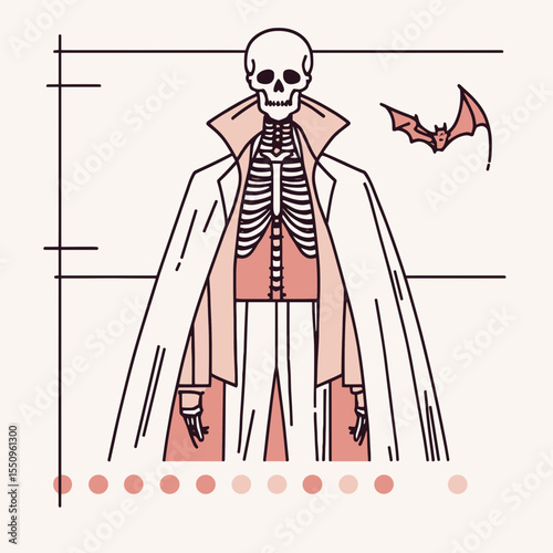 Skeleton in a vampire cape. Ghost Spooky Scary Halloween Cartoon Clipart Line Art Vector Illustration. Bony figure night cloak undead costume art creepy occult image.