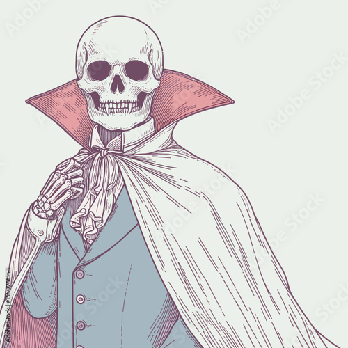 Skeleton in a vampire cape. Ghost Spooky Scary Halloween Cartoon Clipart Line Art Vector Illustration. Bony undead figure night cloak costume monster apparel.