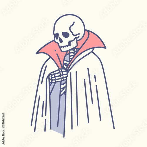 Skeleton in a vampire cape. Ghost Spooky Scary Halloween Cartoon Clipart Line Art Vector Illustration. Undead figure nocturnal cloak costume occult image.