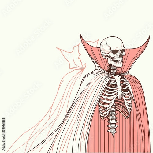 Skeleton in a vampire cape. Ghost Spooky Scary Halloween Cartoon Clipart Line Art Vector Illustration. Bony figure wearing cloak undead with gothic apparel for party.