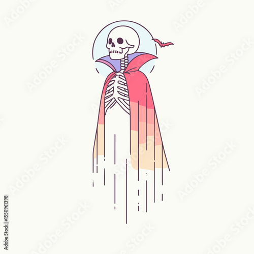 Skeleton in a vampire cape. Ghost Spooky Scary Halloween Cartoon Clipart Line Art Vector Illustration. Bony figure gothic cover-up nocturnal undead apparel for costume.