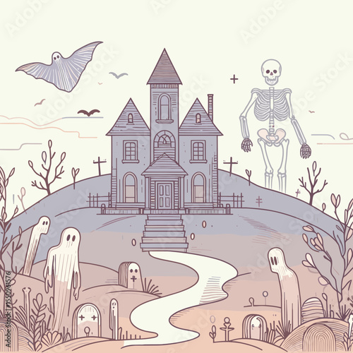 Skeleton in a haunted house Halloween. Ghost Spooky Scary Halloween Cartoon Clipart Line Art Vector Illustration. Bony figure dwelling fright night fun celebration.