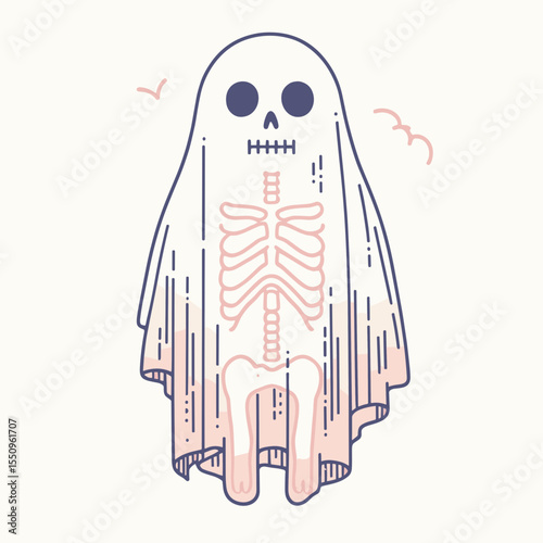 Skeleton in a ghost sheet. Spooky Scary Halloween Cartoon Clipart Line Art Vector Illustration. Bony figure under white cloth costume spirit disguise for bone anatomy.