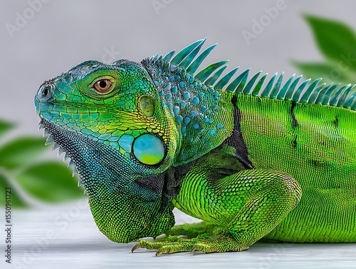 Vibrant green iguana close-up
