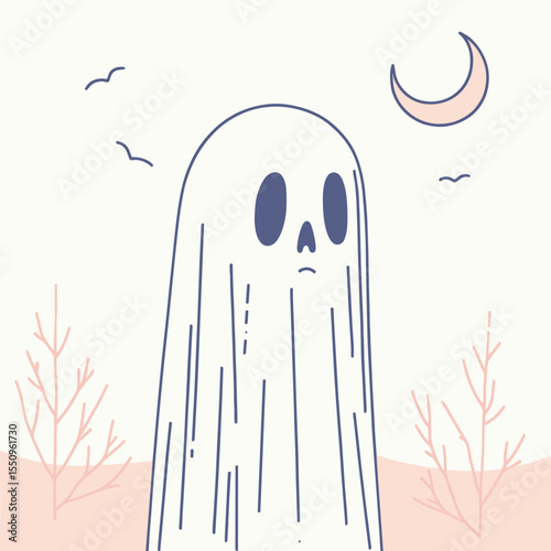 Skeleton in a ghost sheet. Spooky Scary Halloween Cartoon Clipart Line Art Vector Illustration. Bony figure under white cloth phantom costume image.