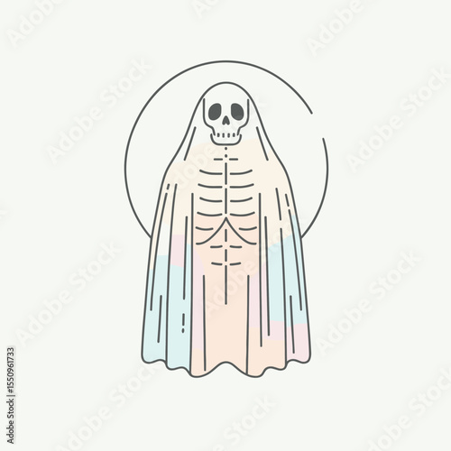 Skeleton in a ghost sheet. Spooky Scary Halloween Cartoon Clipart Line Art Vector Illustration. Bony figure beneath spectral cover image for fall celebration.