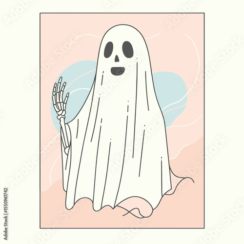 Skeleton in a ghost sheet. Spooky Scary Halloween Cartoon Clipart Line Art Vector Illustration. Bony figure below white fabric phantom costume for night.
