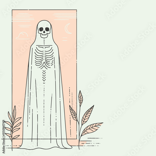 Skeleton in a ghost sheet. Spooky Scary Halloween Cartoon Clipart Line Art Vector Illustration. Bony figure below white spectral cloth costume for trick or treat.
