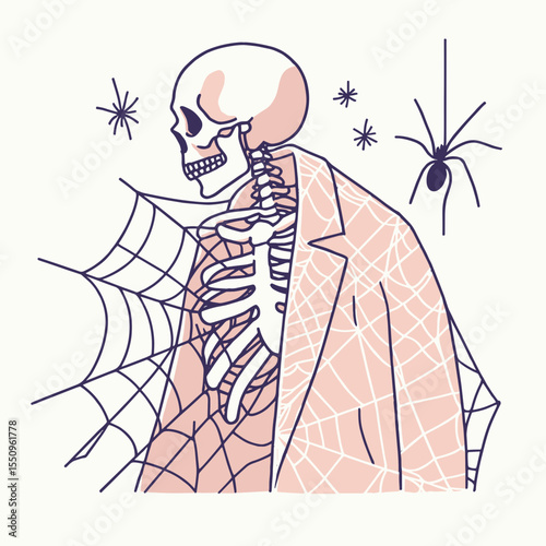 Skeleton covered in spider webs. Ghost Spooky Scary Halloween Cartoon Clipart Line Art Vector Illustration. Bony frame net creepy threads woven on a dead form for image.