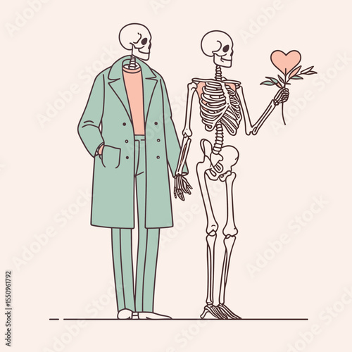Skeleton couple holding hands Valentine. Ghost Spooky Scary Halloween Cartoon Clipart Line Art Vector Illustration. Bony pair clasping palms amorous holiday image affection design.
