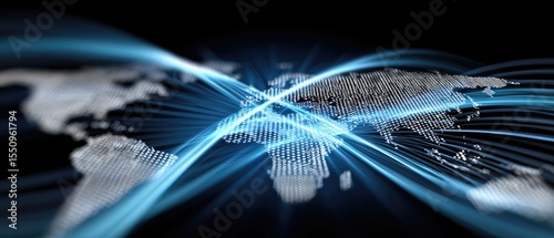 business success growth concept. Digital world map with glowing lines representing connectivity and data flow.