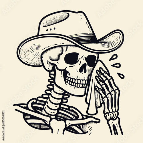 Skeleton as cowboy Wiping sweat from their brow. Ghost Spooky Scary Halloween Cartoon Clipart Line Art Vector Illustration. Bony rancher drying forehead hard labor concept western desert.