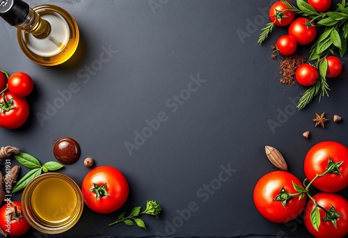 Rustic black slate board with colorful border showcasing olive oil, tomatoes, herbs & spices Top view,  overhead shot,  photo