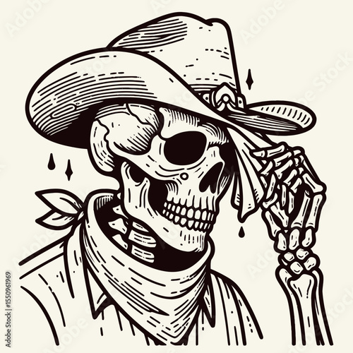 Skeleton as cowboy Wiping sweat from their brow. Ghost Spooky Scary Halloween Cartoon Clipart Line Art Vector Illustration. Bony rancher clearing brow of wetness a western figure.