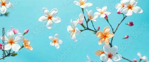 Seamless bright sky blue background with delicate white flowers, orange & pink accents, wallpaper, vector
