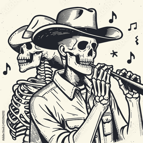 Skeleton as cowboy Whistling. Ghost Spooky Scary Halloween Cartoon Clipart Line Art Vector Illustration. Bony gunslinger making a tune human bone in western attire chirping.