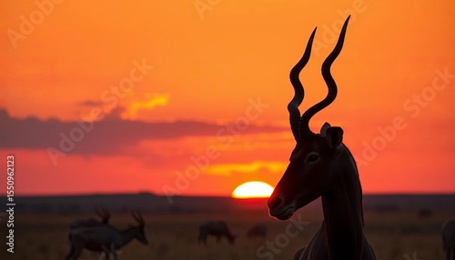 Sable antelope head silhouette, sunset African savanna backdrop,  animal,  africa