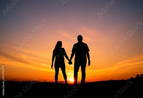 Silhouetted figures hand-in-hand, sunset backdrop,  love,  couple
