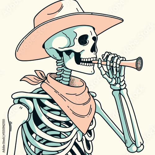 Skeleton as cowboy Whistling. Ghost Spooky Scary Halloween Cartoon Clipart Line Art Vector Illustration. Bony chap attire in western gear vocalizing tune.