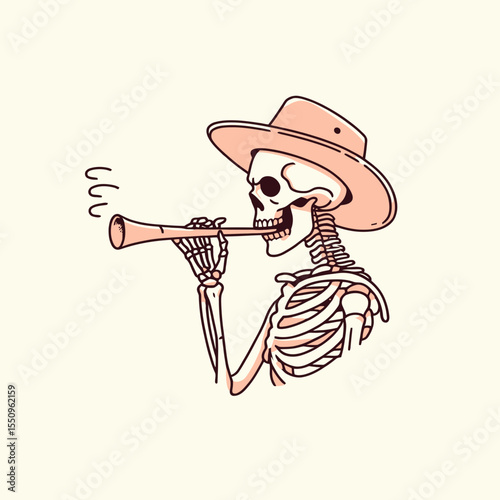 Skeleton as cowboy Whistling. Ghost Spooky Scary Halloween Cartoon Clipart Line Art Vector Illustration. Bony tunes a western sound skeletal figure with cheerful call.