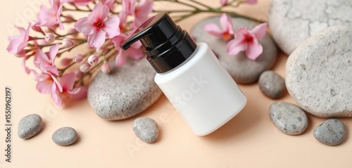 White minimalist cosmetic bottle, black lid, pink flowers, grey stones, beige background,  spa,  serene