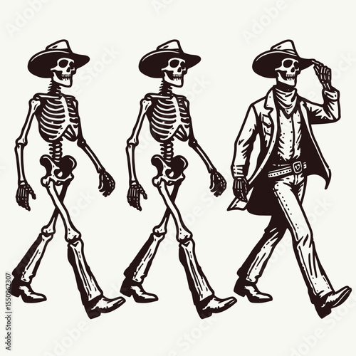 Skeleton as cowboy Walking with a swagger. Ghost Spooky Scary Halloween Cartoon Clipart Line Art Vector Illustration. Bony figure like rancher moving proud in defiant gait apparel concept.
