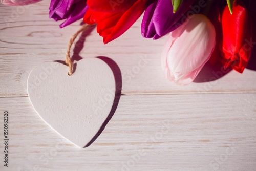 Fototapeta Naklejka Na Ścianę i Meble -  Flat design white wooden heart ornament is resting on tabletop with red, pink, purple tulip bouquet