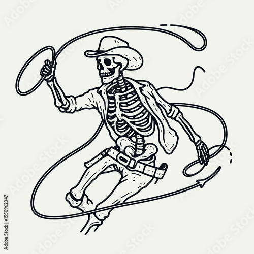 Skeleton as cowboy Twirling a lasso. Ghost Spooky Scary Halloween Cartoon Clipart Line Art Vector Illustration. Bony guy like rancher spinning cord loop western theme.