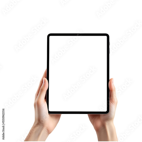 Hands holding a tablet with blank screen.