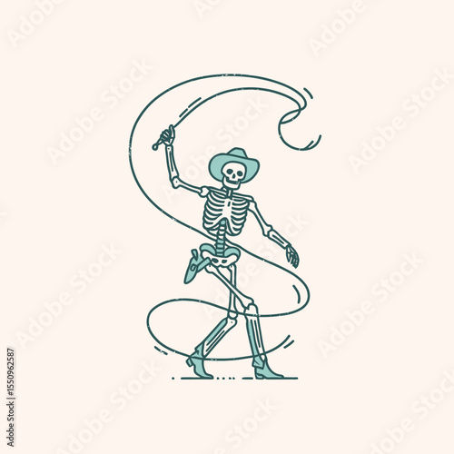 Skeleton as cowboy Twirling a lasso. Ghost Spooky Scary Halloween Cartoon Clipart Line Art Vector Illustration. Boney figure like rancher turning loop bone man tossing rope in western mode.