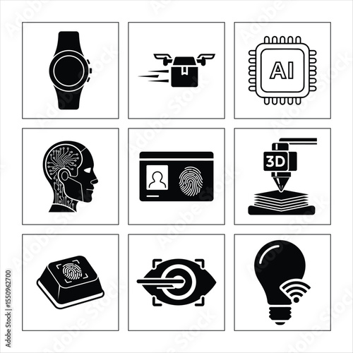 Technology And Innovation Icon Set Illustrating Artificial Intelligence Automation And Modern Digital Solutions In Black And White