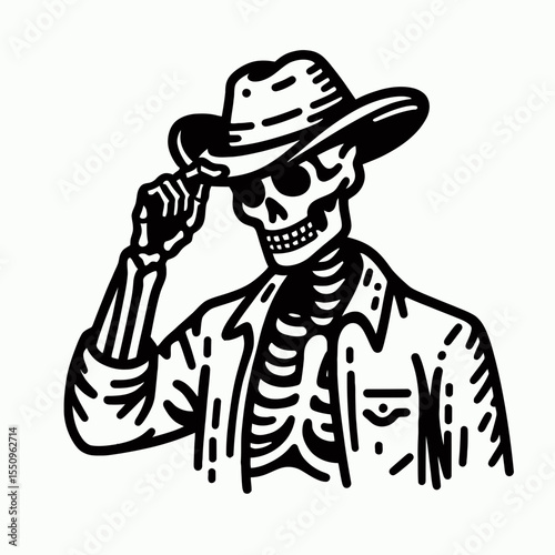 Skeleton as cowboy Tipping their hat. Ghost Spooky Scary Halloween Cartoon Clipart Line Art Vector Illustration. Bony man in western gear giving greeting guy with headwear doffing.