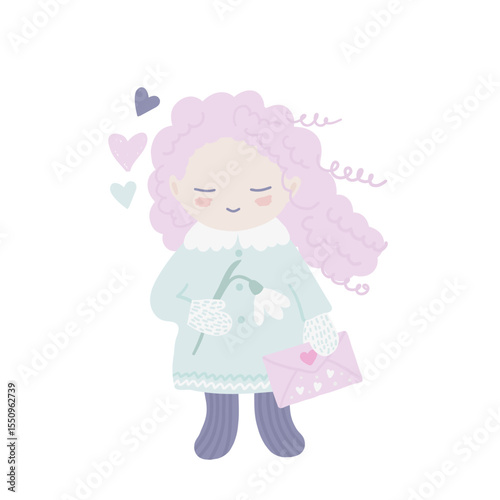 Smiling, happy kid holding a snowdrop and a love letter or card. Cute drawing of a young girl with love, all in pastel colors. Springtime romantic illustration with funny character.