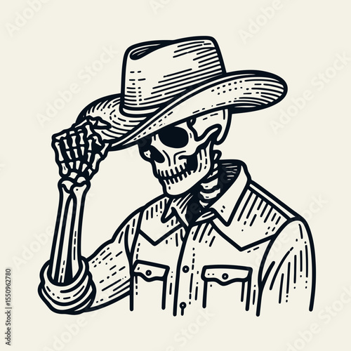 Skeleton as cowboy Tipping their hat. Ghost Spooky Scary Halloween Cartoon Clipart Line Art Vector Illustration. Bony fellow rancher doffing chapeau a western figure icon.