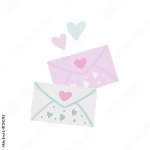 Hand-drawn romantic love letters with a hearts, icon for messages, mail or stickers, illustration in soft pastel colors.