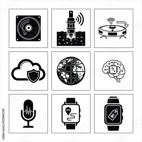 Modern Technology Icon Set Hard Drive Robot Global Network Cloud Security And Ai Brain