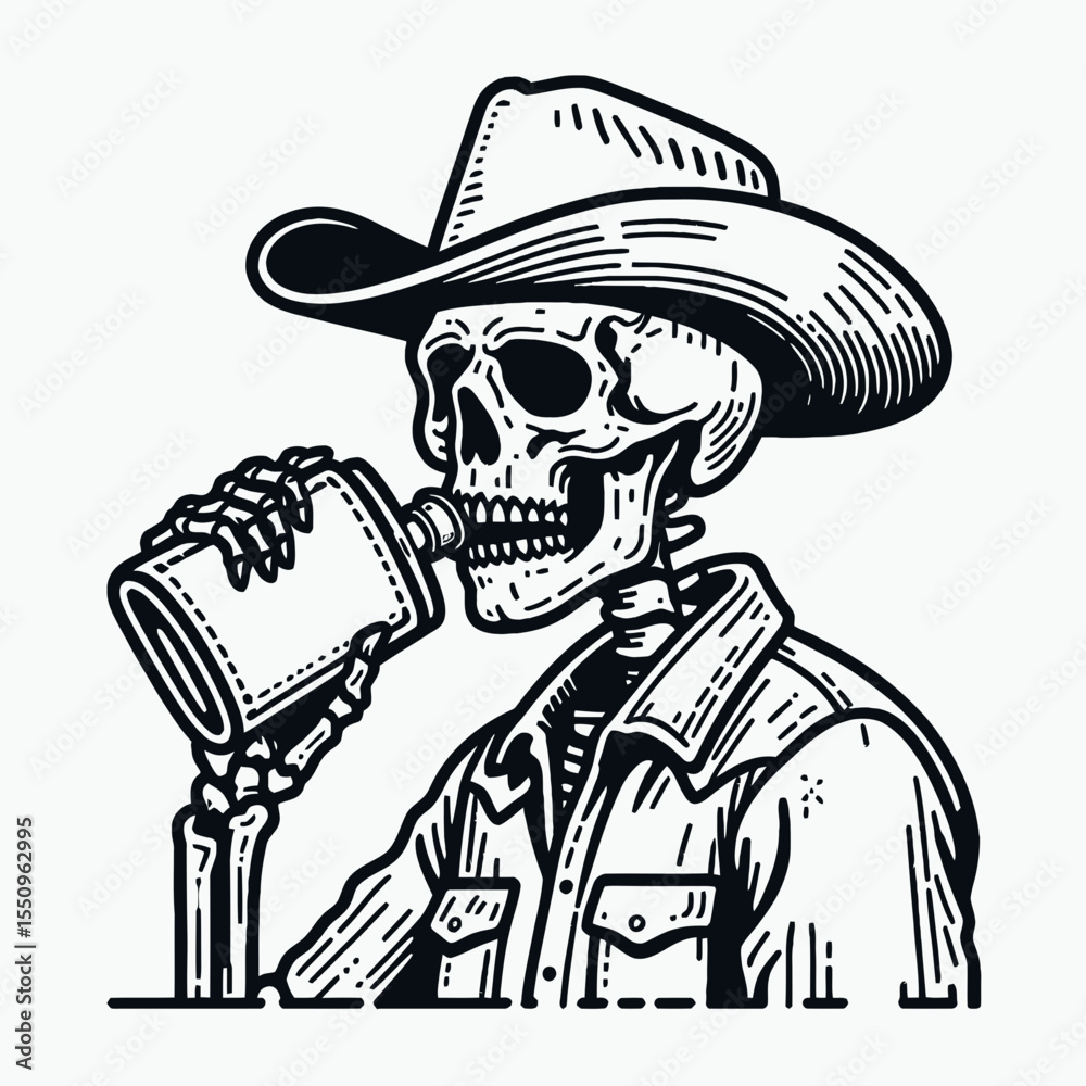 Skeleton as cowboy Taking a swig from flask. Ghost Spooky Scary Halloween Cartoon Clipart Line Art Vector Illustration. Bony hombre rancher getting drink container western theme image.